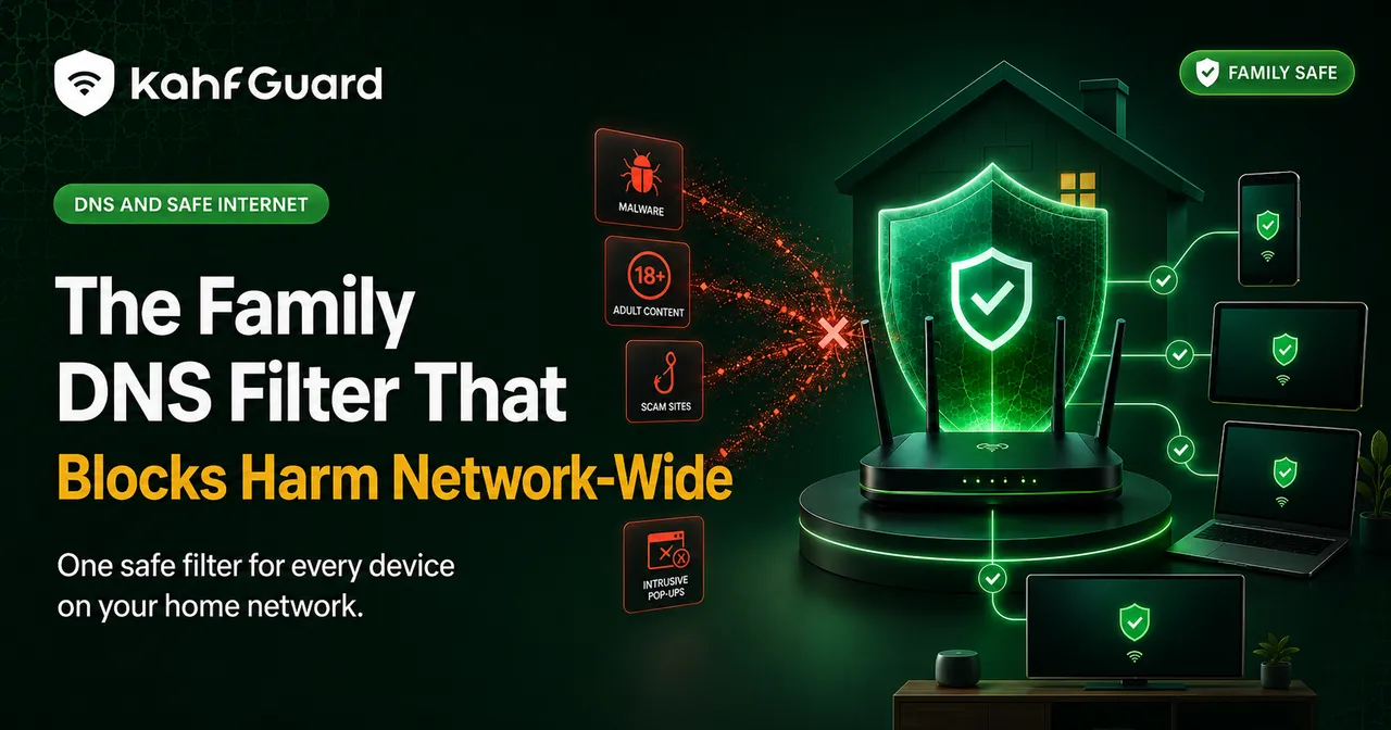 Kahf Guard router shield blocking malware, adult content, scam sites, and pop-ups across all home devices