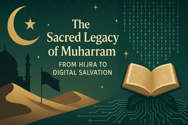 The sacred legacy of Muharram — Islamic calligraphy with digital network background symbolizing the journey from Hijra to digital salvation